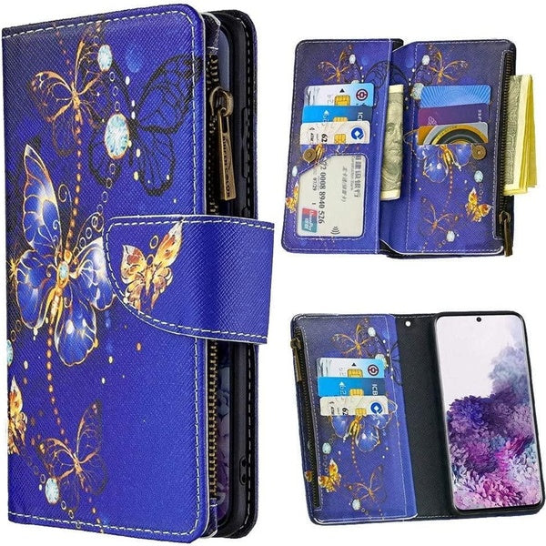 Étui portefeuille pour iPhone 14, chaîne en or papillon en cuir PU avec fermeture à glissière, 9 emplacements pour cartes, étui de téléphone avec dra