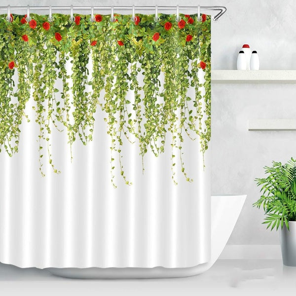 Spring Plant Leaf Shower Curtains Rose Flower Green Vine Waterproof Fabric Bathroom Curtain Leaves Printing Bath Shower Curtains