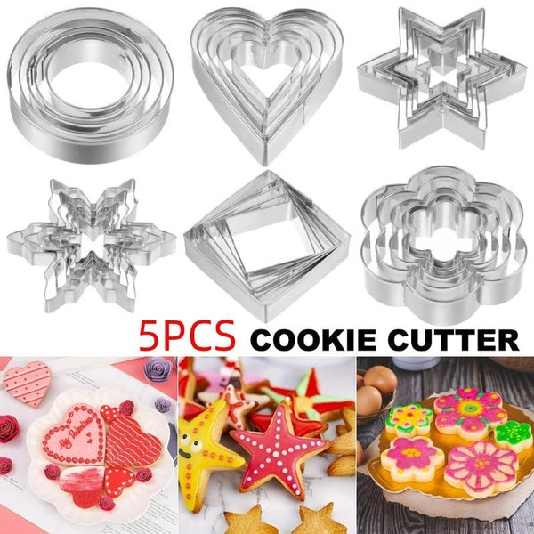 5PCS Cookie Cutters Shapes Baking Set, Stainless Steel Small Biscuit Cutters Flower-Snowflake-Round-Square-Heart-Star Shaped Mold for Baking and Deco