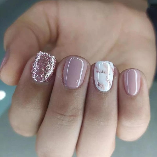 Pink Nude Ombre French Marble Short Square False Nails Sparkling Glitter Gradient Natural Manicure Press on Fake Nails Tips Daily Office Finger Wear