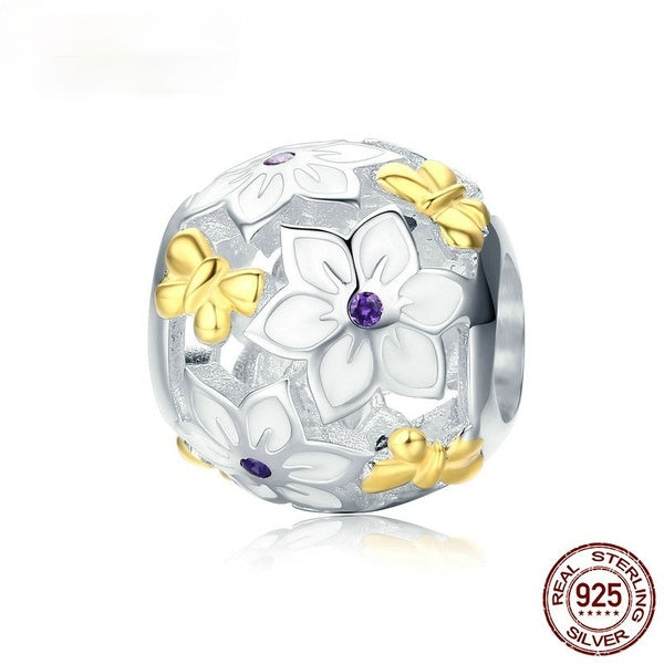 BAMOER 925 en argent sterling fleur et papillon émail perles de charme ajustement bracelet à breloques et collier bijoux fins