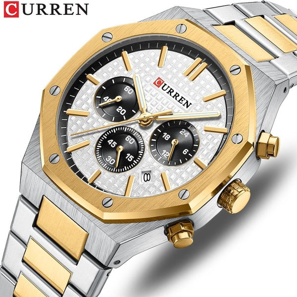 CURREN acier inoxydable montre hommes mode octogone chronographe Quartz horloge affaires étanche lumineux mains mâle Sport montre-bracelet