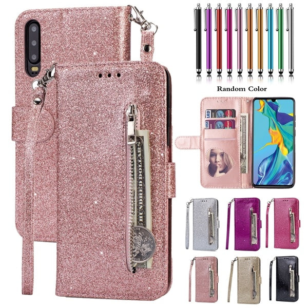 PU Leather Fashion Powder Glitter Wallet Card Holder Flip Zipper Case Cover For Samsung Galaxy S20 S20Plus S20Ultra A51 A71 S10 S10 Plus-iPhone 11 11