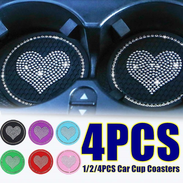 4-2-1pcs Car Cup Coasters Fashion Sparkly Rhinestone Heart Shape Bling Auto Coasters Cup Holders Insert Interior Accessories