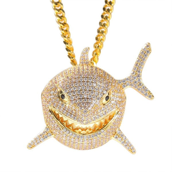 Hip Hop Jewelry Iced Out Shark Pendant Necklace Gold Filled Pave PINK CZ Zircon Necklace Party Club Accessories Gift Matron Inn