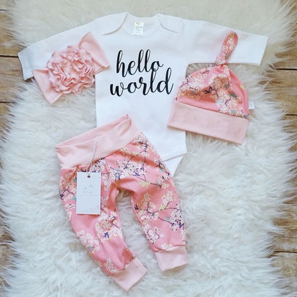 4PCS Newborn Infant Baby Girls Top Romper Pants Hat Headband Outfits Clothes Set 0-24M