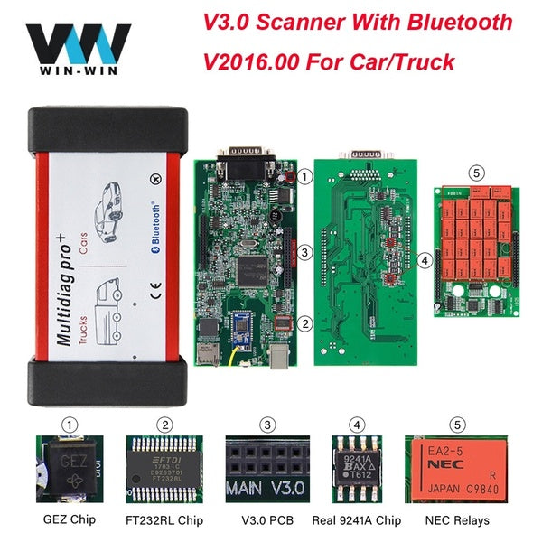 V3.0 PCB Multidiag Pro+ NEC Relays WOW 2016.R1 For Cars-Trucks OBD OBD2 Bluetooth Scanner CDP TCS Car Diagnostic Auto tool VCI