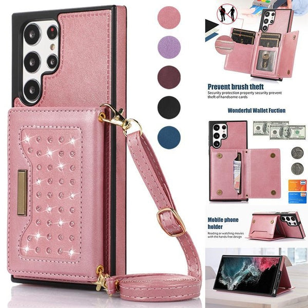 Wallet 3 Fold Lanyard Bag Anti Theft Brush Stick Drill Leather Case For Samsung Galaxy S23 Ultra S22 Ultra S21 Plus S20 FE A04s A12 A13 M13 5G A51 A5