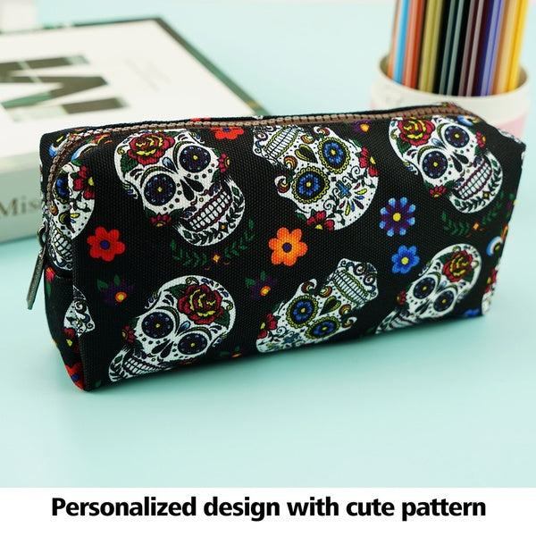 Sugar Skull Pencil Case Super Large Capacity Canvas Pen Bag Pouch Stationary Case Makeup Cosmetic Bag Gadget Box
