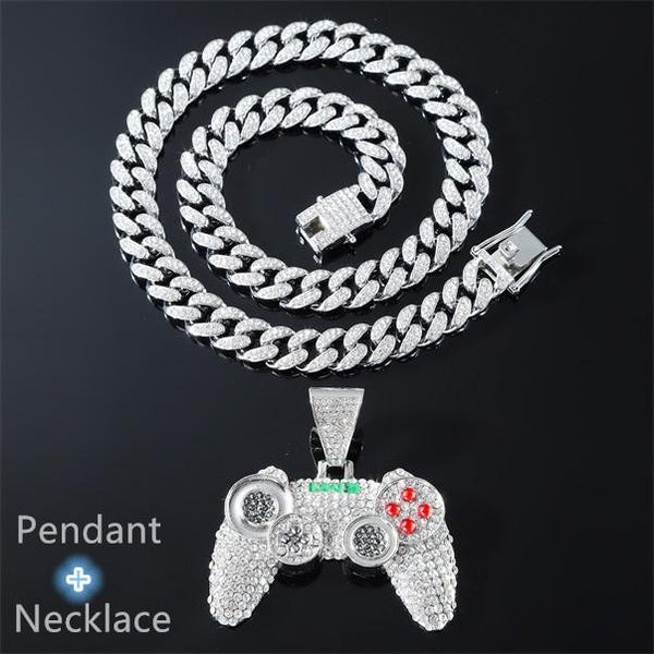 Hip Hop Gamepad Pendant Necklace 13mm with Cuban Chain Pink Crystal Iced Out Bling Hip Hop Jewelry Necklaces Street Dance Accessories Fashion Creativ Matron Inn