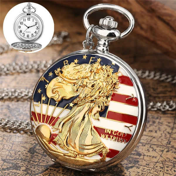 Argent Statue de la Liberté Célèbre Scenic Spot Hommes Femmes Quartz Analogique Montre De Poche Collier Chaîne Souvenir