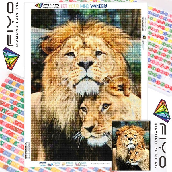Lion and Cubs FIYO DIY 5D Diamond Painting Full Drill with Number Kits Home and Kitchen Fashion Mosaic Diamond Painting Canvas Wall Decoration Gift C
