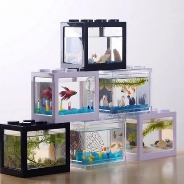 Mini Building Blocks Fish Tank, Animal And Plant Observation Box, Creative Building Blocks Landscaping Betta Special Fish Tank, Gift For Sea Lovers.