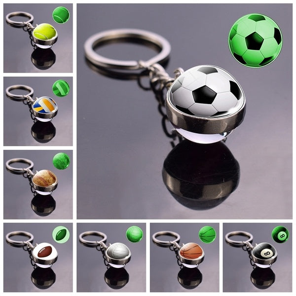 Glow In The Dark Soccer Keychain Keyring Double Side Luminous Football Basketball Volleyball Snooker Picture Glass Ball Key Chain for Men