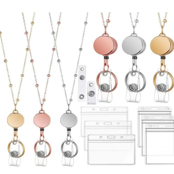 4pcs-set Multi-functional Office Supplies Retractable Key Chain Badge Reel Clip Name Card Badge Holder Lanyard with ID Card Holders with Necklace