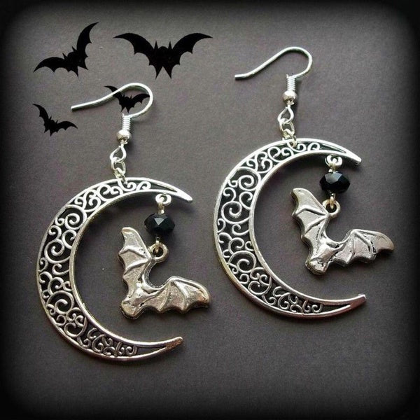 Personalized Flying Bat & Crescent Moon Earrings,Moon Earrings, Gothic Vampire Bat Earrings, Halloween Earrings, Wicca Witch Jewellery