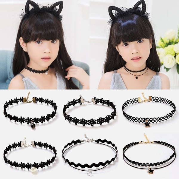 8pcs-set Fashion Pretty Girls Black Multi Layer Lace Chains Necklace Kids Exquisite Gothic Stretch Choker Jewelry Children Necklace