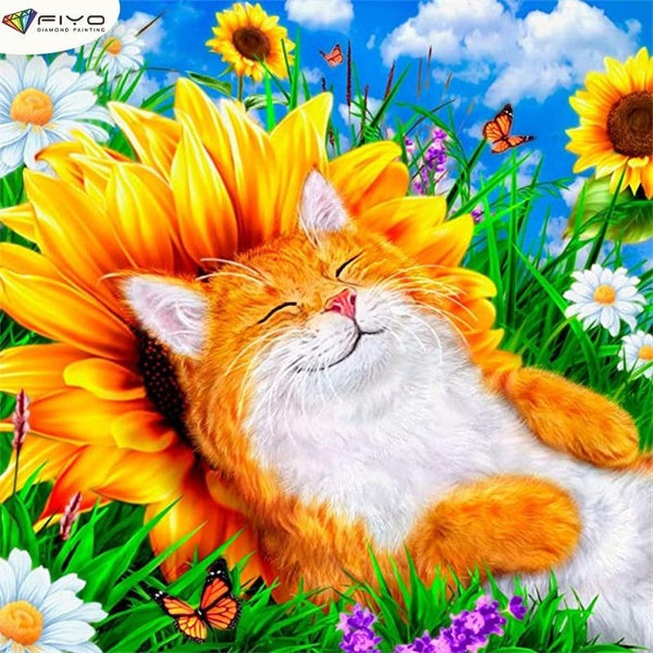 Cat and Sunflower DIY 5D Diamond Painting Full Drill with Number Kits Home and Kitchen Fashion Mosaic Diamond Painting Canvas Wall Decoration Gift Cr