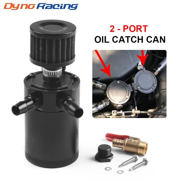 Universal Racing Baffled Aluminum 2-Port Oil Catch Can Tank With Drain Valve Breather Filter Air Oil Separator