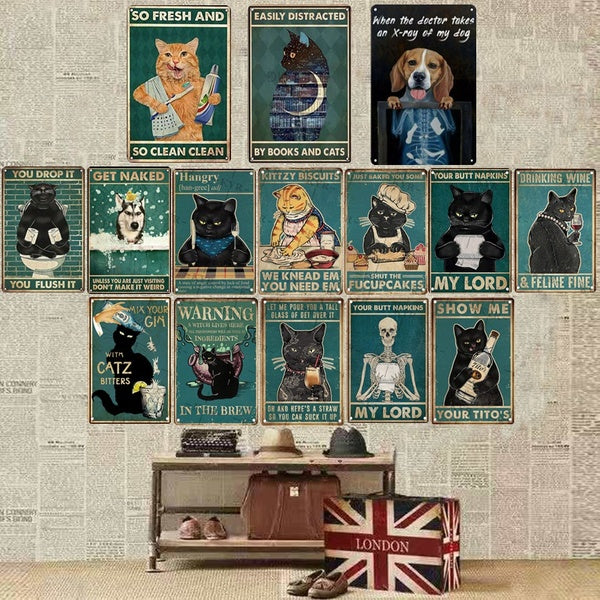 Black Cat Funny Retro Poster Metal Bar Wall Decor Sticker Vintage Metal Tin Sign Cat Reading Plate Plaque Metal Home Decoracion