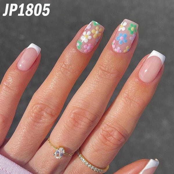 Multi Colored Floral Minimalist White French Short Fake Nails Summer Light Green Floral Butterfly False Nails Cartoon Flower Press On Nails for Ladie