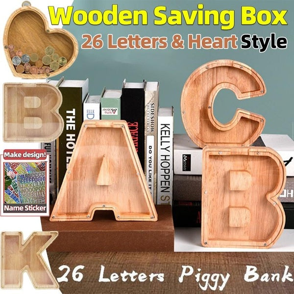 26 lettres de qualité supérieure en bois tirelire pièces de monnaie boîte d'économie d'argent pot personnalisé pièces de monnaie boîte de rangement e