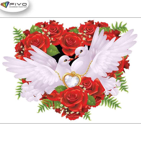 FIYO White Pigeon and Red Rose Diamond Painting Kits For Adults DIY 5D Diamond Mosaic Diamond Painting Home and Kitchen Fashion Canvas Pictures Wall
