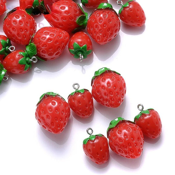 10pcs Red Strawberry Resin Pendant Charms for Fashion Fruit Jewelry Making Accessories DIY Keychain Bag Bracelet Crafts