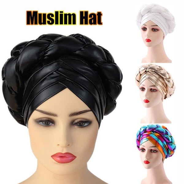 Leather African Headwrap Hat Headtie Already Handmade Cap Braid Turban Muslim Hat Beanie Hair Accessories for Women Matron Inn