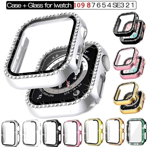 Tempered Glass Film+Diamond Cover for IWatch Series 10 46mm 9 8 7 6 SE 5 4 3 2 1 Screen Protector with Case for Apple Watch Band 41 Mm 45mm 44mm 40mm