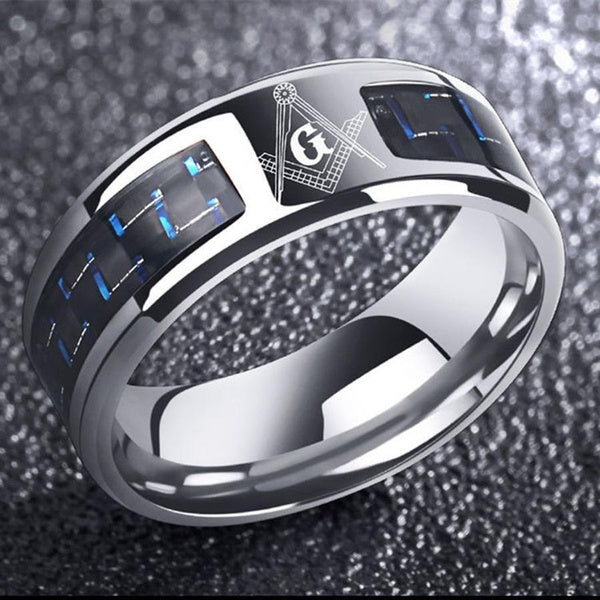 New Elegant Engraved Freemasonry Freemason Masonic Logo Titanium Steel Ring Exquisite Carbon Fiber Freemasons Cool Ring For Men Boy Personalized Jewe