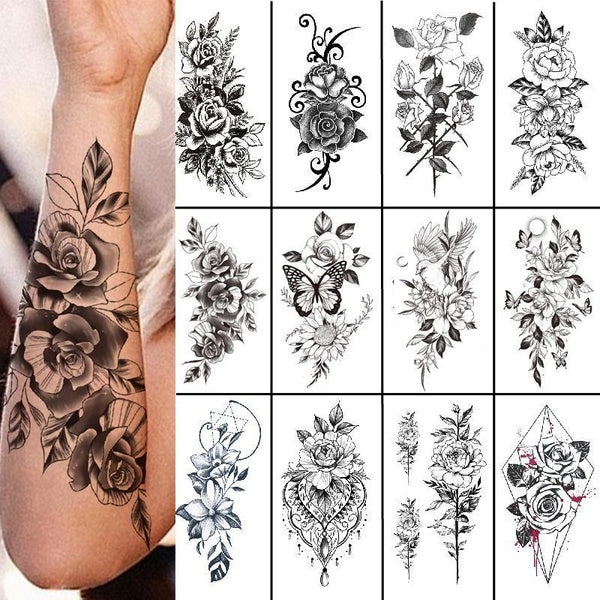 1pc Black Sketch Waterproof Temporary Tattoo Body Art Flower Tattoo Sticker, Sticker Leg, Arm, Chest Body Tattoo Sticker