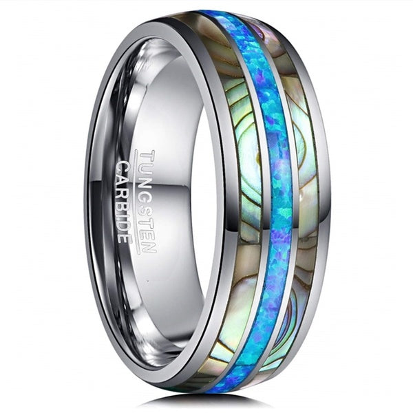Men's 8mm Tungsten Carbide Ring Inlay Blue Opal And Abalone Shell Wedding Band Anniversary Gifts