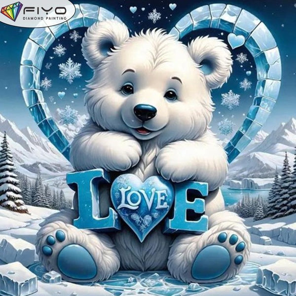 FIYO DIY 5D White Bear Diamond Painting Full Drill with Number Kits Home and Kitchen Fashion Mosaic Diamond Painting Canvas Wall Decoration Gift Craf