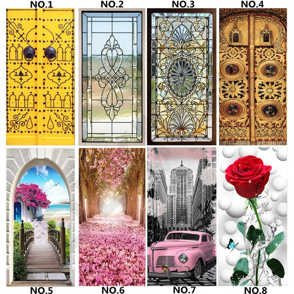 Door Wallpaper Sticker 3D Glass Luxury Living Room Art Rose Door Poster Self-Adhesive Mural Stickers Vintage Decal Bathroom House Design
