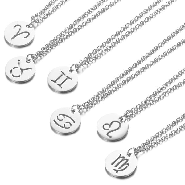 Stainless Steel 12 Constellation Horoscope Necklace Aries Leo Zodiac Sign Round Pendant Choker Necklace for Men Women Kids Birthday Gifts