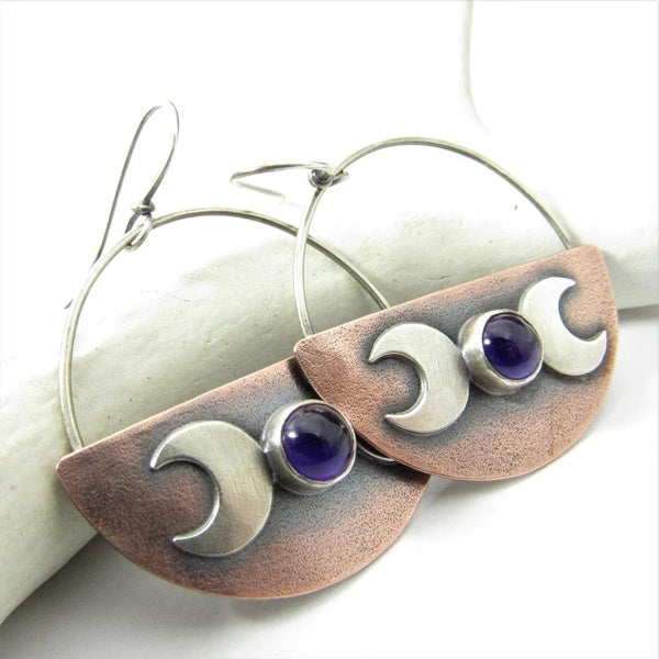 Luxury classic fashion vintage personality amethyst moon dangle earrings simple silver-plated fan pattern charming hoop earrings anniversary birthday