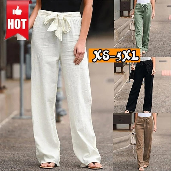 Women's Summer Retro Cotton and Linen Straight-leg Long Pants Casual Wide-leg Yoga Pants Elastic Waist Solid Color Loose Trousers Plus Size S-5XL