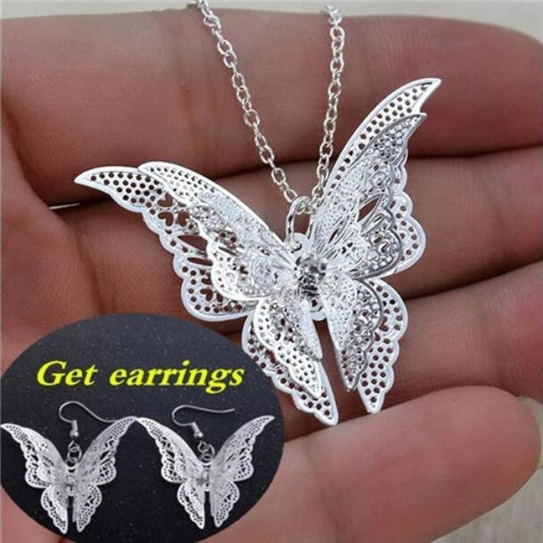 Women Fashion Hollow Out Elegant Butterfly Pendant Necklaces Silver Color Choker Necklace Jewelry Accessory Buy Necklace Get Silver Earrings