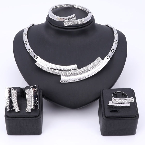 Women Jewelry Choker Necklaces Sets Bangle Rings Platinum Plated Wedding Party Bridal Accessories Set Fashion Crystal Costume