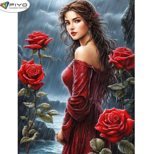 FIYO DIY 5D Flower Woman Diamond Painting Full Drill with Number Kits Home and Kitchen Fashion Mosaic Diamond Painting Canvas Wall Decoration Gift Cr
