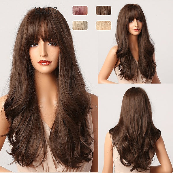 Perruques synthétiques longues ondulées brun foncé avec frange cheveux résistants à la chaleur Cosplay Party Lolita perruque quotidienne pour les fem
