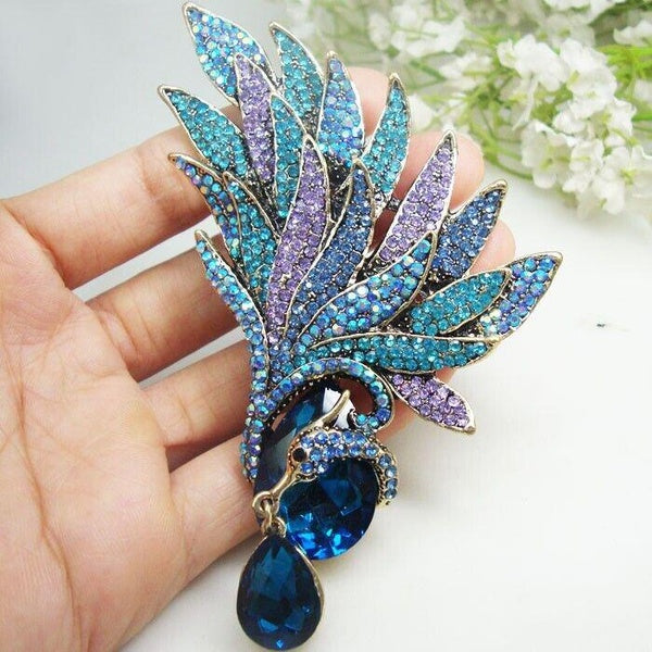 Blue Crystal Peacock Phoenix Bird Woman Brooch Pin Jewellery Party Corsage
