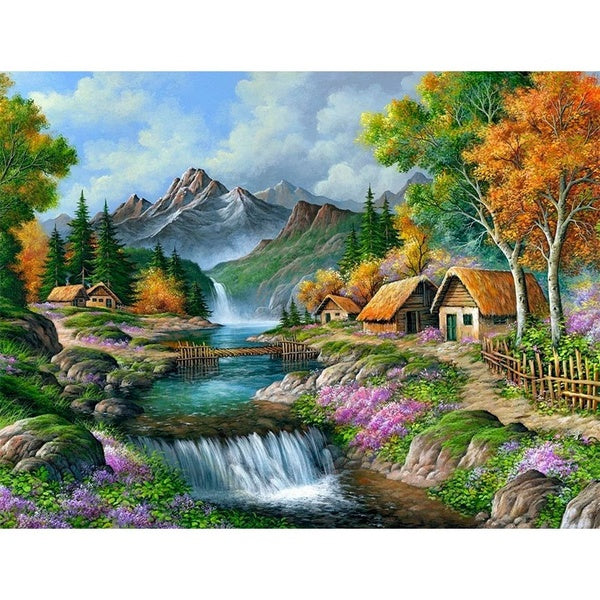 DIY 5D Landscape Pattern Round-Square Diamond Painting Full Drill Diamond Painting with Number Kits Home and Kitchen Fashion Crystal Rhinestone Cross