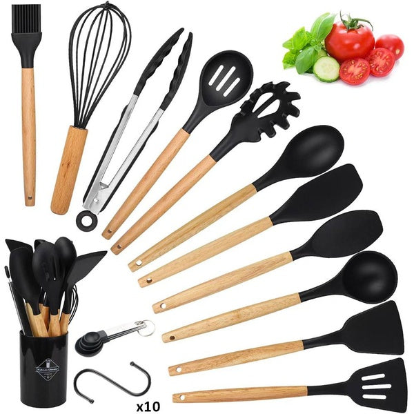26PCS Silicone Cooking Utensils Set Natural Wooden Handles Cooking Tool Kitchen Gadgets Utensil Set