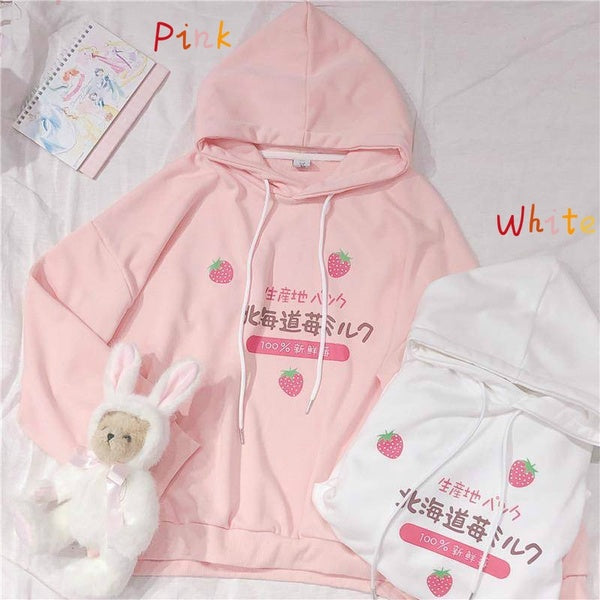 Harajuku Kawaii Strawberry Milk Graphic Sweatshirt Hoodie Women Streetwear Winter Plus Size Women Loose Thin Hoodie Cute Clothes