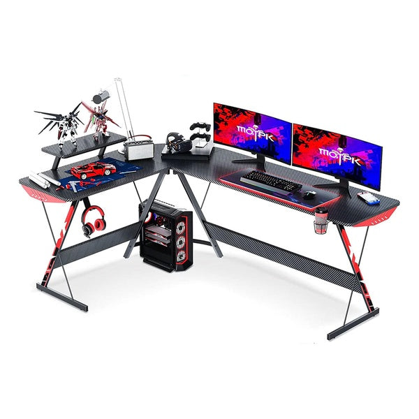 MOTPK 66 Inch L Shaped Carbon Fiber Computer Gaming Desk w- Monitor Shelf, Black