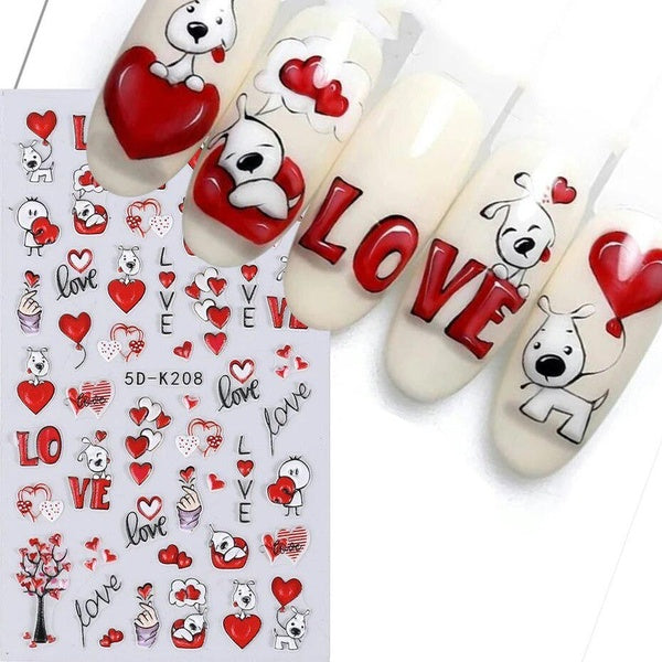 5D Embossed Nail Stickers Lover Valentines Day Cartoon Nail Decals Chocolate Hearts Relief Sliders Bears For Manicure Decoration