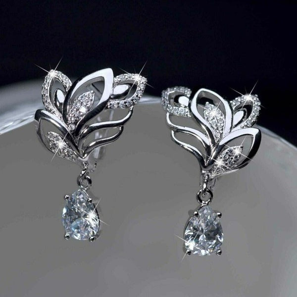 Exquisite Fashion Leaf Shape 925 Sterling Silver Teardrop Diamond Drop Earrings for Women Daily Casual Accessories Matron Inn