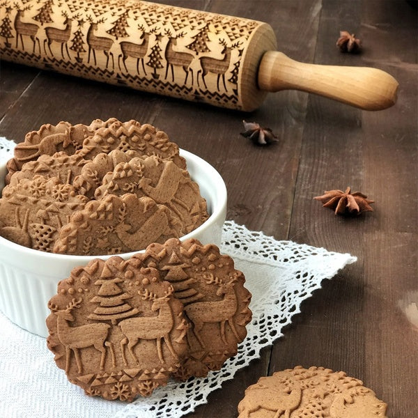 Wooden Rolling Pin Embossing Baking Cookies Noodle Biscuit Cake Dough Engraved Patterned Roller